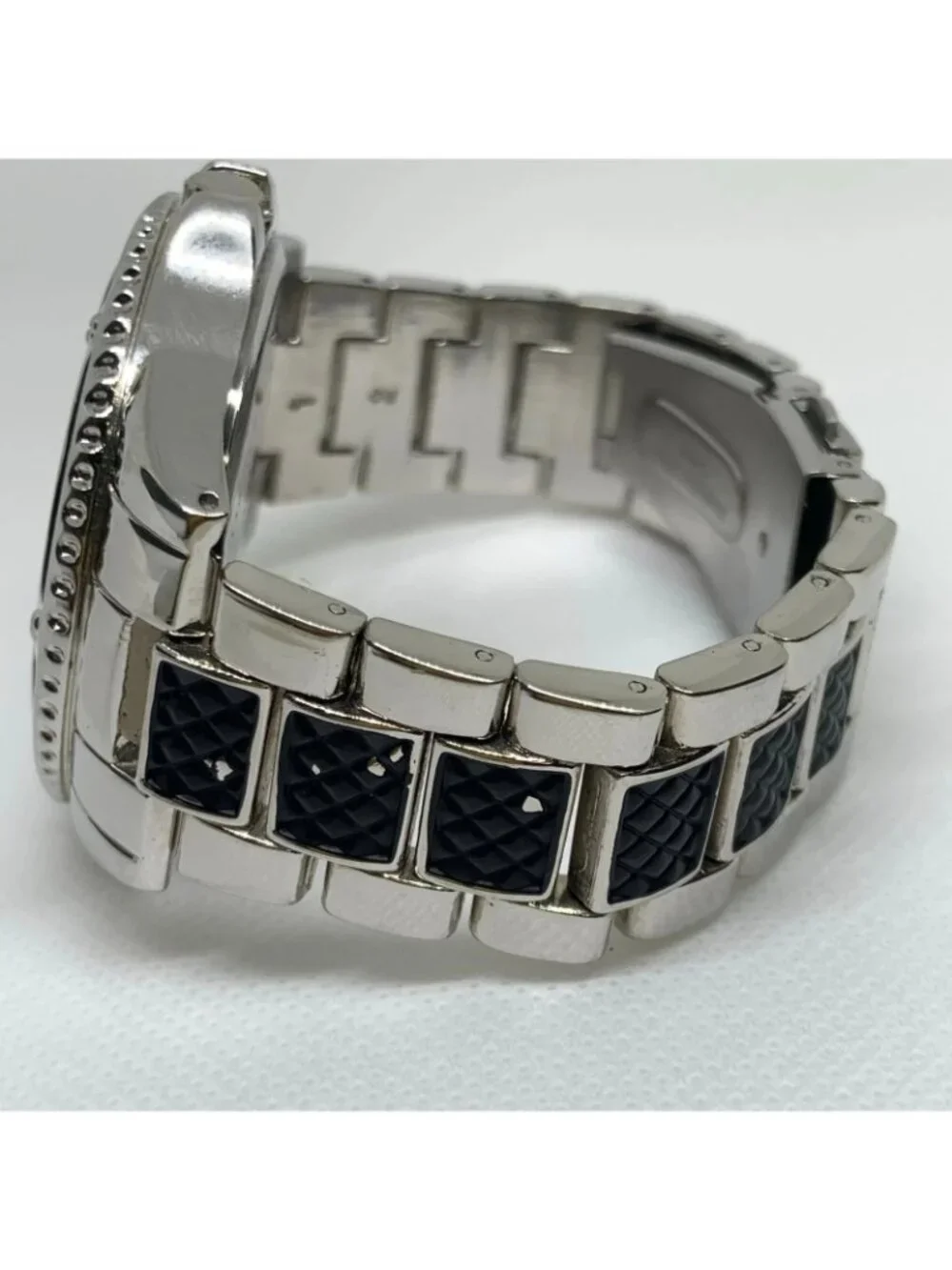 FMD men’s silver black tone wrist watch quartz analog 48mm size 7” running